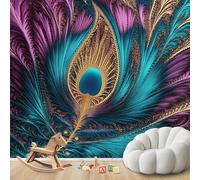 hgjdjhnf Peacock Feather Photo Wallpaper, Purple Turquoise Feathers, Non-Woven Wallpaper, Wall Mural for Living Room, Bedroom, Children's Room, Wall Decor, Motif Wallpaper, 350cm x 256cm