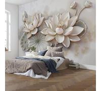hgjdjhnf Photo Wallpaper, Plaster Relief Wallpaper, 3D Effect, Silk Fabric Wallpaper, Lotus Leaves wall Mural, Living Room Bedroom wall Decoration, Beige Grey, 200cm x 140cm