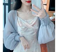 HGJH Ladies Chiffon lace Bolero Shrugs Cropped Tops elegant Balloon long Sleeve Cardigan Open Front sheer Shrugs tops shoulder jacket Cloak Evening Party Cover Up for Dresses,Grey,L