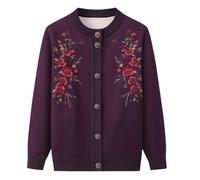 HGJH Middle Aged And Elderly Knitted Cardigan Classic Floral Embroidery Cardigan Ladies Fleece Lined Top Grandma Wear Coat Women'S Spring Autumn Mother Wear Warm Sweater,Purple,M