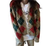 HGJH Womens Knitting Patterns Cardigan Sweater,Elegant Vintage Diamond Patchwork Open Front Sweater Casual Transition Jacket Lightweight Kimono Coat Outwear Autumn Winter,L