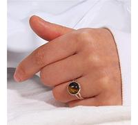 HGJH Womens Rings, Silver Cabochon Tiger Eye Stone10Mm Natural Stone Open Adjustable Inlay Retro Fashion Simple Ladies Girl Party Wedding Jewelry Gift