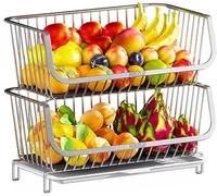 HGJHJJHK 2 Tier Fruit Vegetable Storage Rack Basket Stacking Stainless Steel Fruit Basket, Countertop Kitchen Organizer Rack For Household Items, Fruit Or Produce Storage, Silver, 39x24x49.5cm