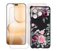 HGJTFANY Case for Honor 600 Lite (6.60"), with [1 X Tempered Glass Screen Protector], Soft Silicone Protective Shell, Shockproof Bumper Black Phone Case for Honor 600 Lite - Red rose