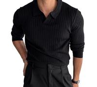 HGKPFGTG Black,M, Mens Knit Polo Shirts Long Sleeve Vertical Striped Collared Lightweight T Shirts Solid Pullover