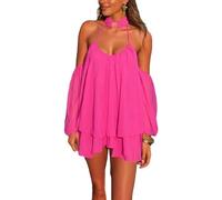 HGKPFGTG Women's Sexy Halter Backless Dresses V Neck Off-Shoulder Solid Loose Fit Long Sleeve Ruffle Cute Mini Dress,Pink,L