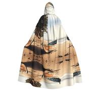 hgnbcsa Boat On The Beach Print Cloak With Hood For Men Women, Long Hooded Cape Adult Halloween Cosplay Costume For Party