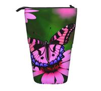 hgnbcsa Pink Flower Purple Butterfly Print Zipper Pencil Case, Telescopic Design Bag, Compact to Expandable, for Stationery Cosmetic Items