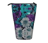 hgnbcsa Purple and Teal Flowers Print Zipper Pencil Case, Telescopic Design Bag, Compact to Expandable, for Stationery Cosmetic Items