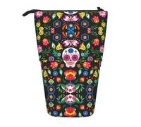 hgnbcsa Sugar Horror Skull and Flowers Print Zipper Pencil Case, Telescopic Design Bag, Compact to Expandable, for Stationery Cosmetic Items