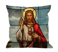 HGOD DESIGNS Jesus Decorative Throw Pillow Cover Case,Stained Glass Window Depicting Sacred Heart of Jesus Cotton Linen Outdoor Pillow cases Cushion Covers For Sofa Couch Bed 18x18 inch Light Blue
