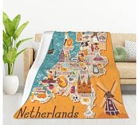 HGOD DESIGNS Map of Netherlands Blanket Dutch Landmarks Holland Food Windmill Blue Yellow Throw Blanket Decor Cozy Warm for Home Bedroom Sofa Office 100x130cm