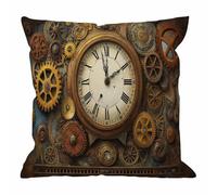 HGOD DESIGNS Steampunk Throw Pillow Cover,Rusty Steampunk with Clock and Different Gears Metal Machine Gold Bronze Decorative Pillow Cases Linen Square Cushion Covers for Home Sofa Couch 18x18 inch
