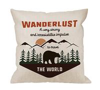 HGOD DESIGNS Wanderlus Pillow Covers,Decorative Throw Pillow Adventure Quotes Travel The World with Mountain Explorer and Bear Pillow Cases Cotton Linen Cushion Covers for Home Sofa Couch 18x18
