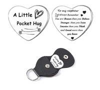 Hgreiwgk Pocket Hug Token with Leather Keychains for Family Long Distance Relationship Keepsake Stainless Steel Double Sided Inspirational Gift Thinking of You Gift (Pocket Hug for Nephew)