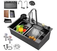 HGTRH Waterfall Kitchen Sink Smart, Stainless Steel Single Bowl Digital Display Nano Modern Workstation Sink with Pull Down Faucet Multifunctional Topmount Handmade Sinks 65 * 45cm