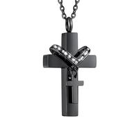 HGUAN Cross Urn Necklace for Ashes for Women Men Stainless Steel with Crystals Cremation Jewelry Keepsake Memorial Human Pet Ash Pendant Necklace Ashes Lockets, Stainless Steel, No Gemstone