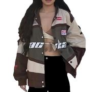 HGWOPGASD Ladies Bomber Jacket College Oversized Patchwork Printed Jacket 90S Vintage Racing Sequins Zip Long Sleeve Sweat Jacket Baseball Jacket Outwear with Pockets Transition Jacket 01-brown S