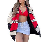 HGWOPGASD Ladies Bomber Jacket College Oversized Patchwork Printed Jacket 90S Vintage Racing Sequins Zip Long Sleeve Sweat Jacket Baseball Jacket Outwear with Pockets Transition Jacket 01-Red L