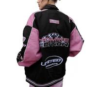 HGWOPGASD Ladies Bomber Jacket College Oversized Patchwork Printed Jacket 90S Vintage Racing Sequins Zip Long Sleeve Sweat Jacket Baseball Jacket Outwear with Pockets Transition Jacket 01-pink XL