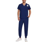 HGWOPGASD Scrub Suit Set for Men Modern V-Neck Top & Tapered Leg Jogger Pants with Drawstring Medical Nursing Uniforms Set 01-Dark Blue S