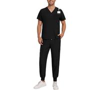HGWOPGASD Scrub Suit Set for Men Modern V-Neck Top & Tapered Leg Jogger Pants with Drawstring Medical Nursing Uniforms Set 01-Black XL