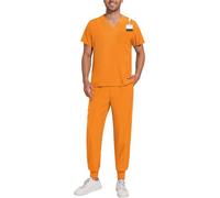 HGWOPGASD Scrub Suit Set for Men Modern V-Neck Top & Tapered Leg Jogger Pants with Drawstring Medical Nursing Uniforms Set 01-Orange XL