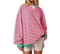 HGWOPGASD Womens Crewneck Oversized Sweatshirt Striped Color Block Tops Long Sleeve Shirts Pullover Sweaters Y2K Clothes 06-Hot Pink XX-Large