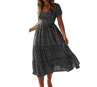 HGXBAMEI Women Chiffon Short Puff Sleeve Square Neck Floral Midi Dresses Flared Flowy Maxi Dress Beach Holiday Sundress Black