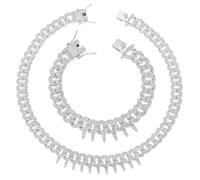 HH BLING EMPIRE Mens Gold Silver Plated Spike Cuban Link Chain Necklace and Bracelet Sets, Chunky Iced Out Diamond Miami Cuban Link Chains Hip Hop Jewelry, 24", Zinc, fake diamond