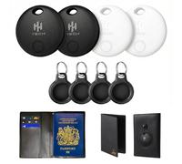 HH-Tech Smart Tag COMBO (Pack 4) For Apple iOS Devices Including Free Luxor Passport Holder, Key Tracker, Item Finder, Replaceable Battery, Easily Track Your Wallet, Bag, Suitcase, and More