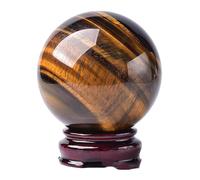 HHCTEBEC Crystal Ball, Natural Tiger Eye Healing Crystal Ball Gemstone Sphere with Wood Stand Sculpture Figurine for Divination/Chakra Balance/Yoga/Home/Office FengShui Decoration,50mm