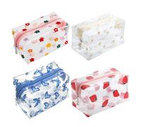 hhdatc 4PCS Clear Small Makeup Bags with Zipper Sunflower Cute Flower Daisy, Butterfly & Strawberry Patterned Transparent Cosmetic Pouches Waterproof Travel Toiletry Organizers & Cartoon Pencil Cases