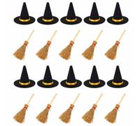 hhdatc 50 Pcs Mini Witch Hat & Mini Broom Set Mini Plastic Witch Hats with Miniature Straw Brooms for Halloween Crafts Party Favors Doll Decor & DIY Decorations