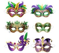hhdatc 6-Pack Mardi Gras Masquerade Masks - Faux Feather Carnival Masks, Party Favors for New Orleans Parades & Costume Party