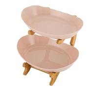 HHEMSTD 2 Tier Fruit Bowl Ceramic Basket Fruit Serving Tray Bamboo Wood Frame Large Capacity Pastries Holder Storage Bowl for Vegetable Snack Cake Dessert Beige