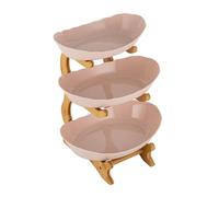 HHEMSTD 3 Tier Fruit Bowl Bamboo Serving Tray Fruit Basket Stand Holder for Kitchen Countertop, Plastic Serving Tray for Food with Wooden Stand, Snack Cake Berry Storage Rack in Party Beige