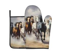HHGFASD Horses in a tornado Pattern Kitchen baking two-piece set of high-end heat-resistant gloves and insulation pads cooking set