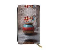 HHGFASD Leather Long Clutch Wallet Little Flowers in The Painted Pottery Pattern Comfortable and Lightweight Zipper Closure for Storing Coins and Credit Cards.