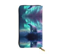 HHGFASD Leather Long Clutch Wallet Northern Lights Polar Bear Pattern Comfortable and Lightweight Zipper Closure for Storing Coins and Credit Cards.