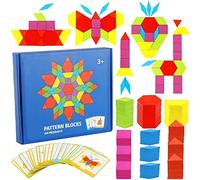 Hhlin Wooden Pattern Blocks 155Pcs Geometric Manipulative Shape Puzzle Coloured Tangram Montessori Building Blocks Set with 24 Pcs Design Cards and Storage Bag for Kids Children