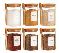HHMJSM 6 Pcs Glass Jar with Bamboo Lid and Spoon - 17 oz Large Sugar Container with 148 Kitchen Pantry Spice Jar Labels Preprinted - Glass Containers with Wooden Lids Hold Coffee, Tea, Candy