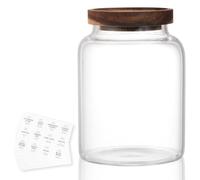 HHMJSM High Borosilicate Glass Jar with Airtight Acacia Lid and 132 Kitchen Panty Labels Preprinted - 43 Fl Oz Thicken Glass Food Storage Container Canister for Coffee Bean, Candy, Cookie, Tea, Sugar