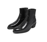 HHMYJUQA Mens Black Chunky Ankle Boots Faux Leather Elevator Footwear | Round Toe Shape, Easy Side Zip Access, Anti Slip Rubber Base, Shock Absorbing Heel, Retro Stitching Mid Calf Fit