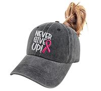 HHNLB Women's Pink Ribbon Logo Breast Cancer Awareness Hat, Embroidered Adjustable Never Give Up Baseball Cap, Ponytail Embroidered Black, One Size