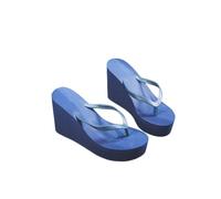 HHNNL Flip Flops Ladies Summer Shoes Ladies Wedge Rubber Flip-Flops High Heel Mules Candy Color Platform Women Beach Slippers-Blue-38