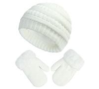 HHOOMY Kids Winter Warm Beanie Hat Gloves Set Double Layer Thermal Knit Cap with Fleece Lining for Girls Boys Children Aged 2-6 Years Old (White)