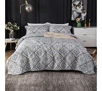 HHOZsafety Grey Quilts Bedspread 230x250cm 3-Pieces Antique Chic Floral Check Bedspread Quilted Queen Size with 2 Pillowcases 50x70cm