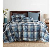HHOZsafety Quilted Patchwork Bedspread King Size 3-Piece Shabby Chic Blue Square Printed Cotton Patchwork Bed Spreads Coverlets with 2 Pillowcases 230x250 cm