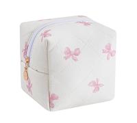 HHQQWZ Cute Cubic Shaped Floral Cotton Makeup Cosmetic Bag for Women, Travel Quilted Zipper Make Up Bag, Cube Flowers Organizer Case Kawaii Makeup Cosmetic Travel Cloth Pouch, 05 Pink Bow Tie